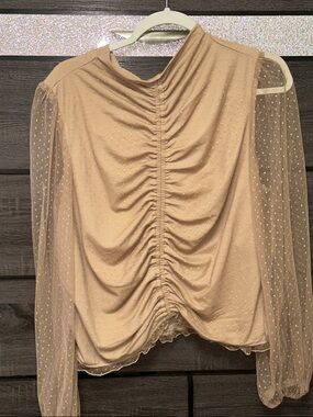 Anthropologie Beige Ruched Dot-Mesh Long Sleeve Top